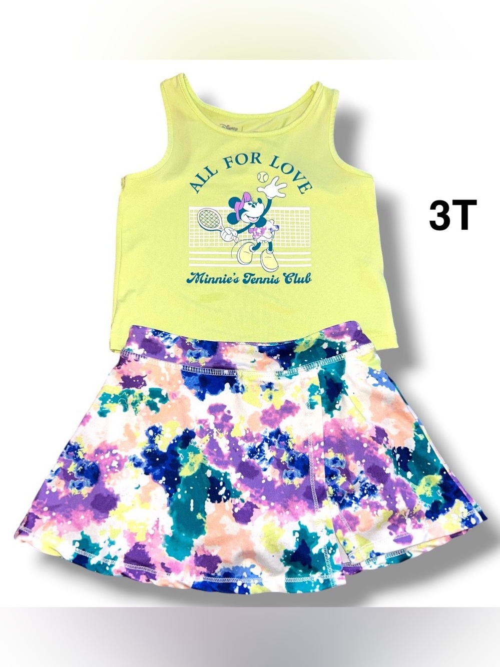 Minnie’s Tennis Club Yellow Tank with Multicolor Skirt Set Size 3T